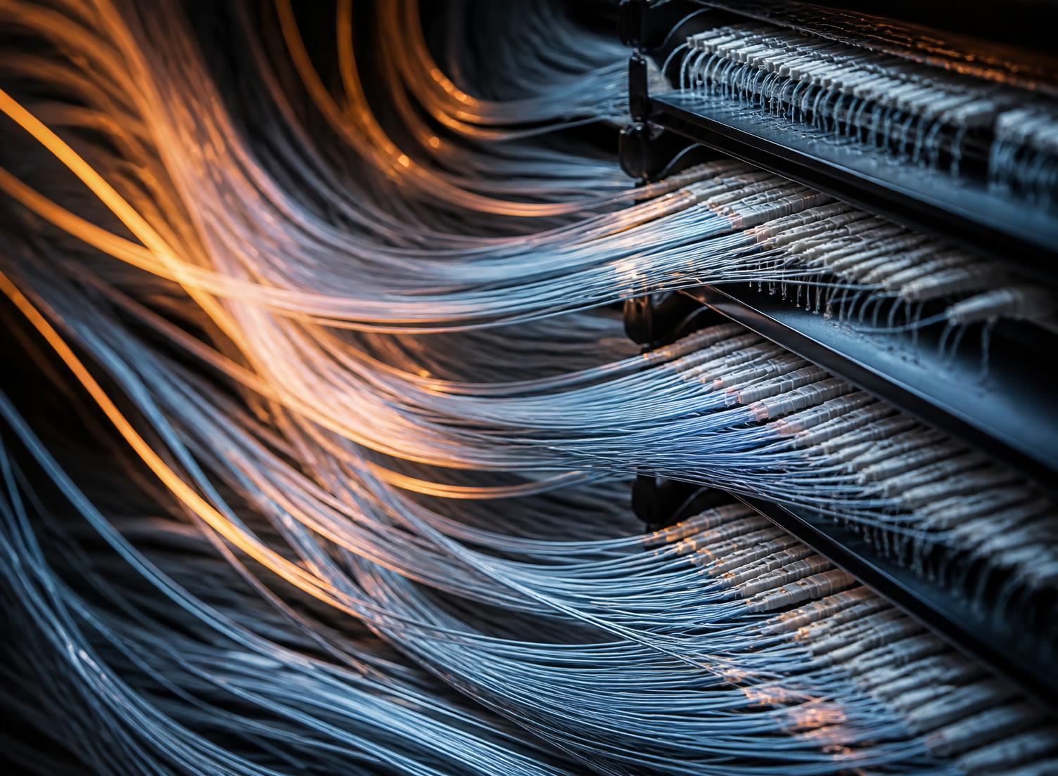 Bundles of fibre optic cabling connected to a network distribution frame