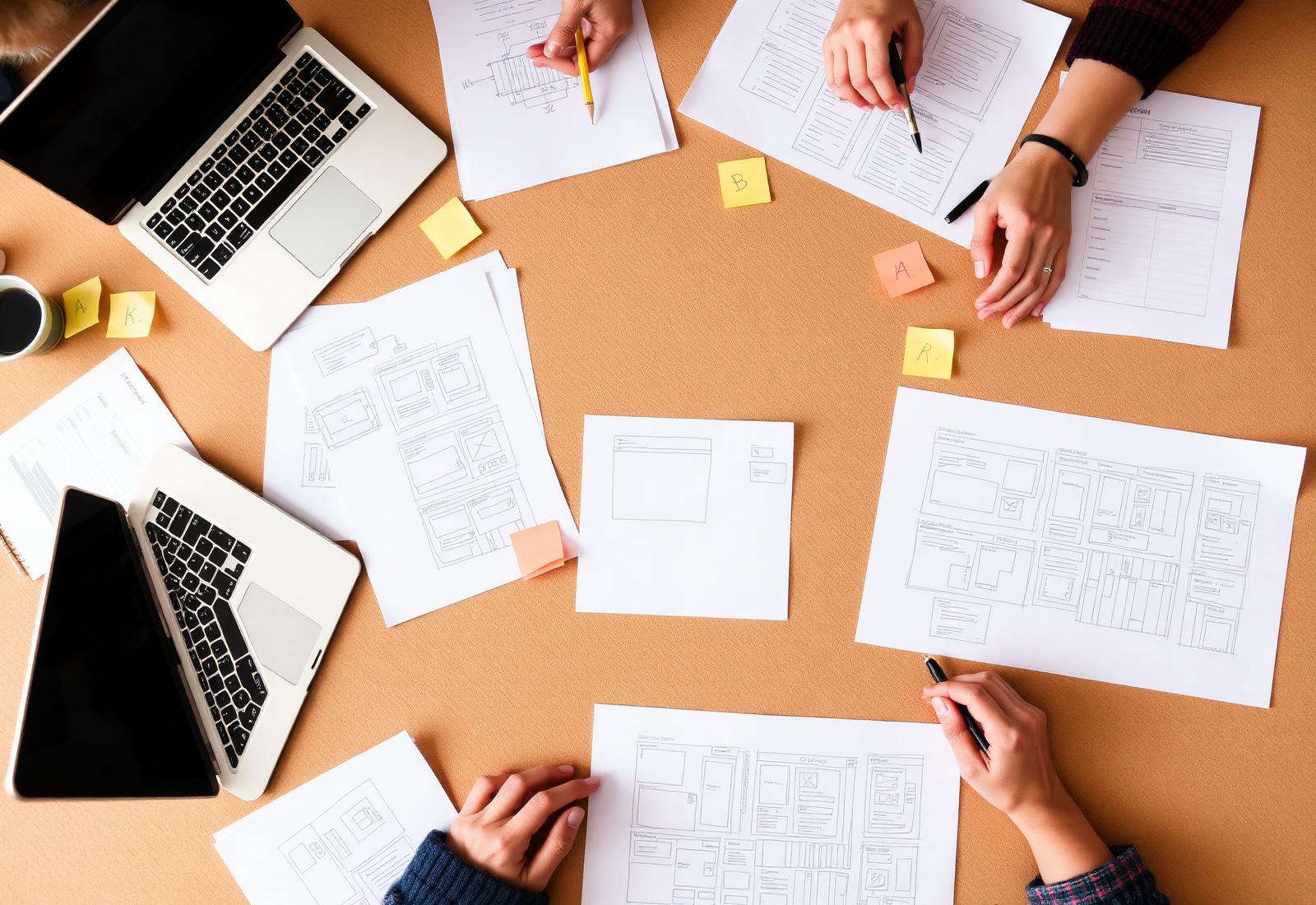 Overhead view of a planning table with hand-drawn interface wireframes, notes and laptops