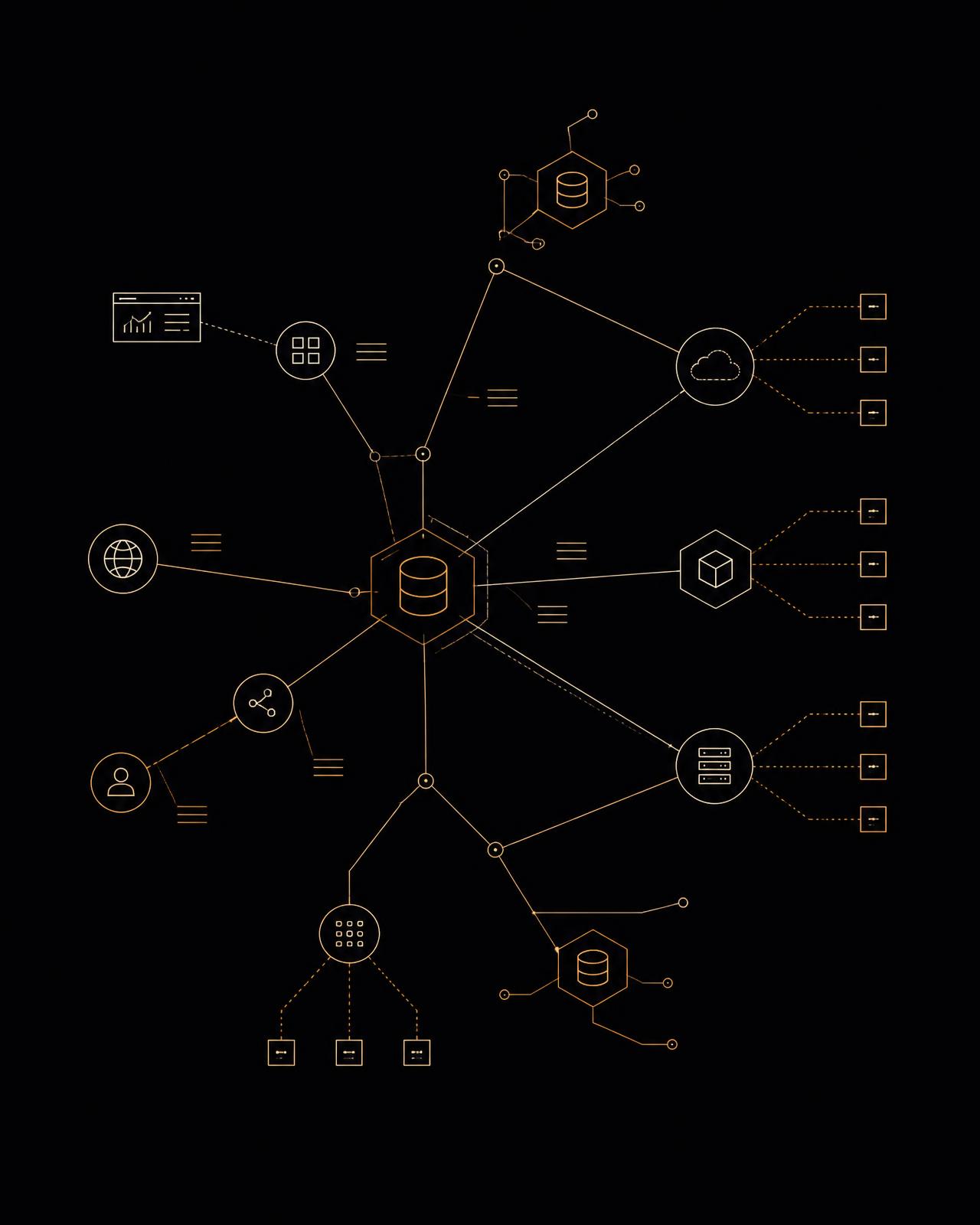 Abstract diagram of a data architecture with connected database, cloud and service nodes