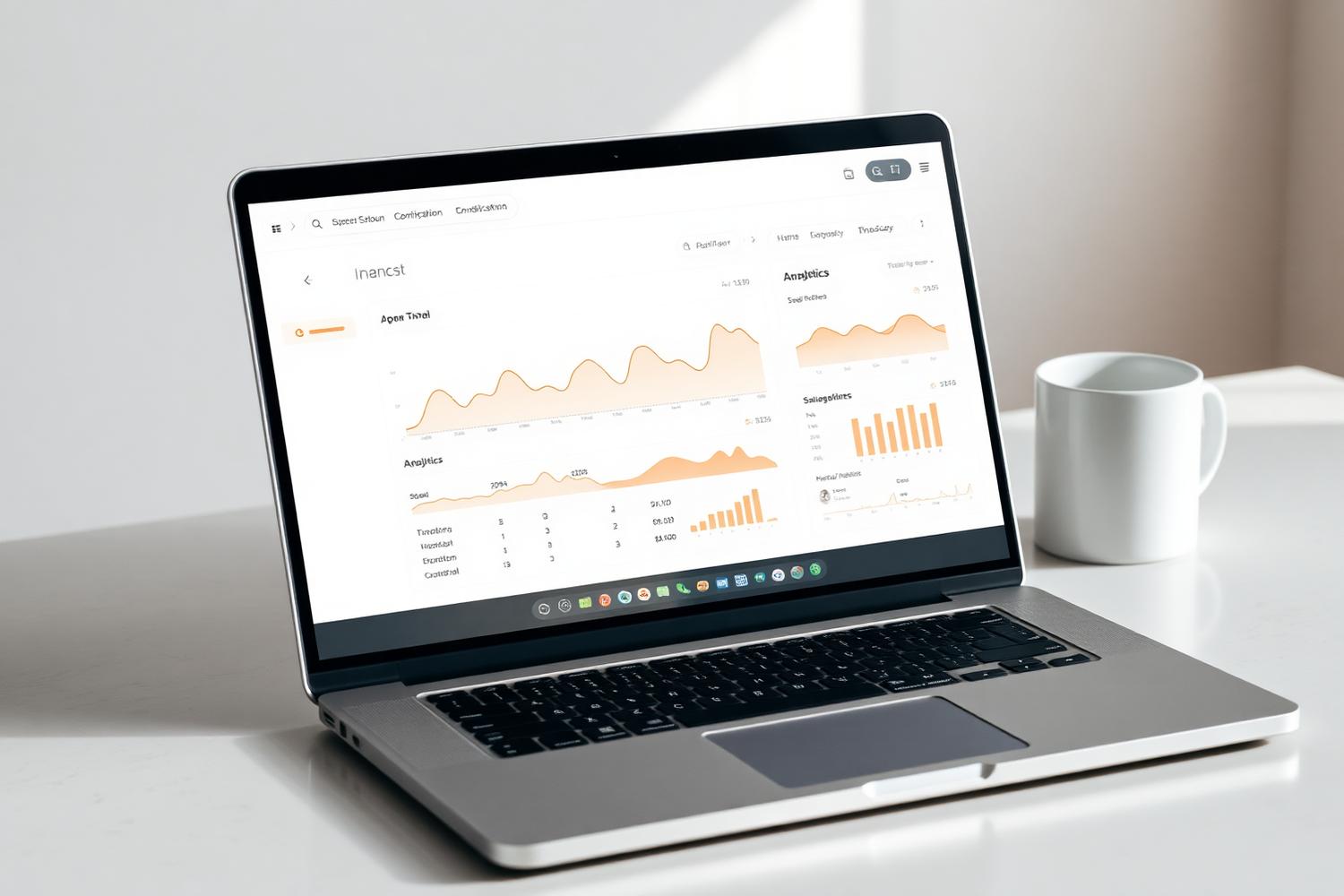 Laptop displaying an analytics dashboard interface with charts on a bright desk